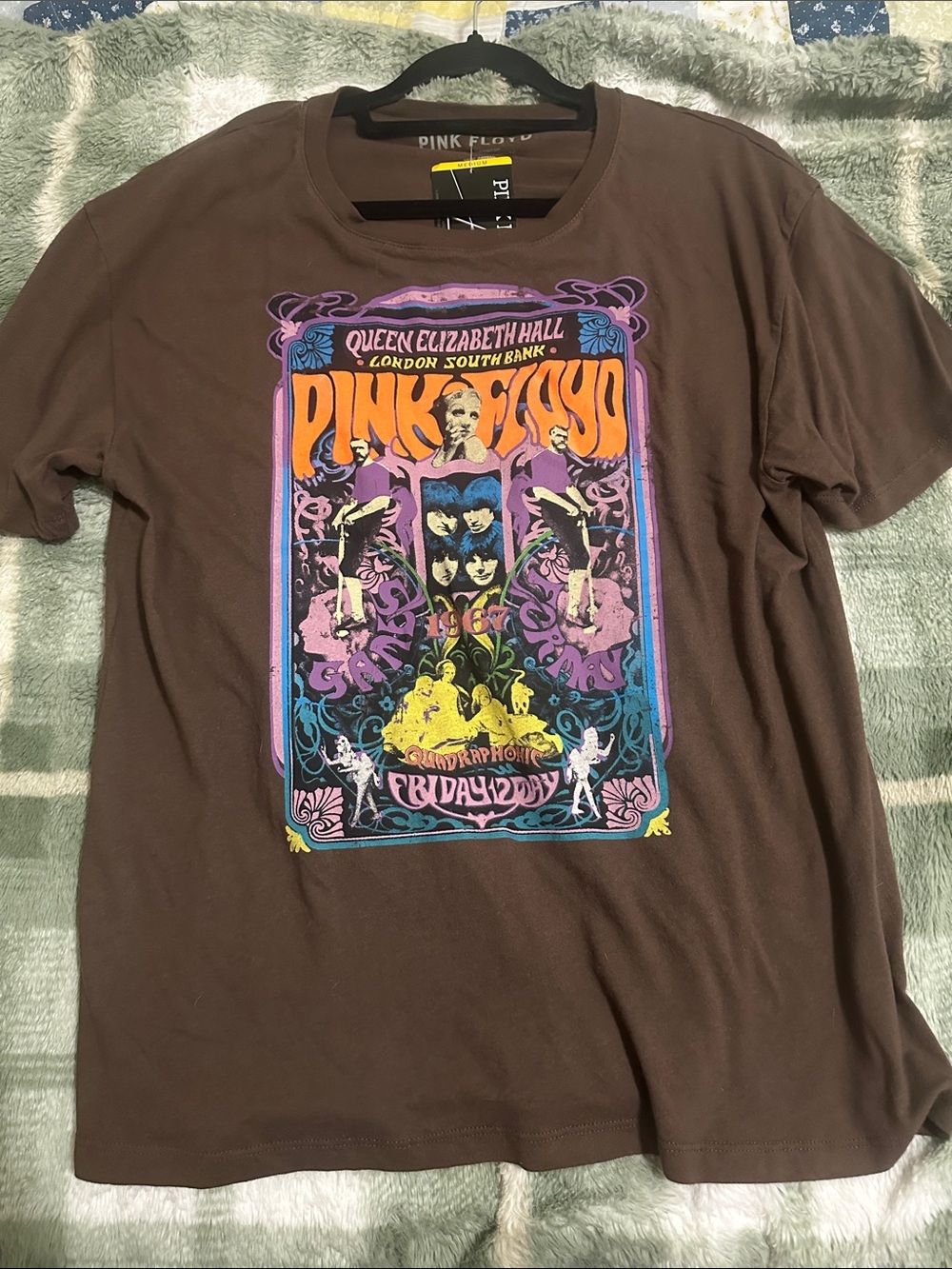 Pink Floyd Brown Short Sleeve Tee with Multicolor Retro Poster Graphic